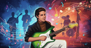 Musician playing guitar with colorful background