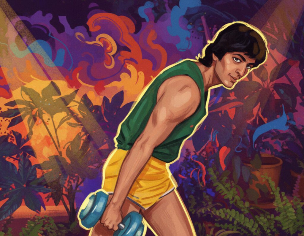 चंकी पांडे रेट्रो लुक, हरी और पीली स्पोर्ट्स पोशाक, डम्बल पकड़े हुए, ब्रशस्ट्रोक प्रभाव के साथ एक सिनेमाई जिम सेटिंग।