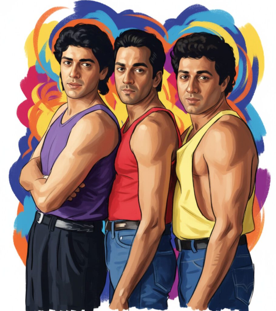 ​संजय दत्त, चंकी पांडे, और सनी देओल का चित्रण, बॉलीवुड स्टाइल में।