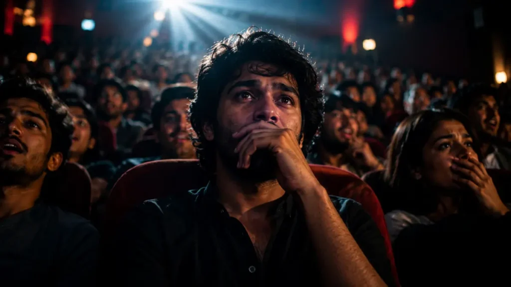 सिनेमा हॉल में डूबे हुए नौजवान दर्शक
