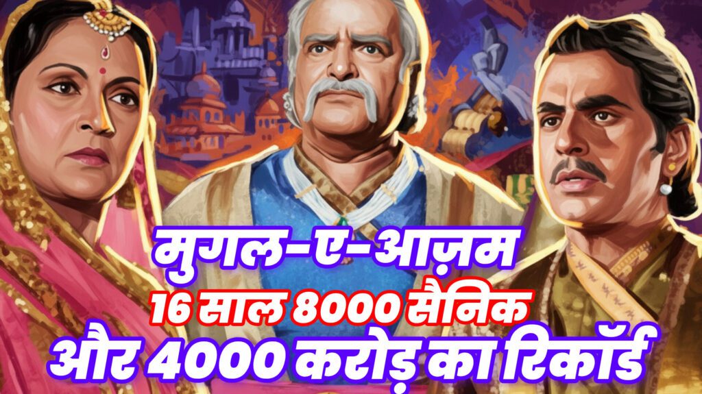 मुग़ल-ए-आज़म फिल्म का सीन जिसमें पृथ्वीराज कपूर (अकबर), दिलीप कुमार (सलीम) और दुर्गा खोटे (जोधा बाई) हैं।