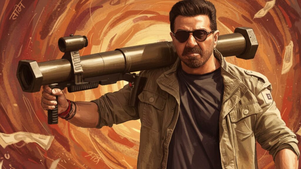 सनी देओल रॉकेट लॉन्चर के साथ, जाट फिल्म का अंदाज़।