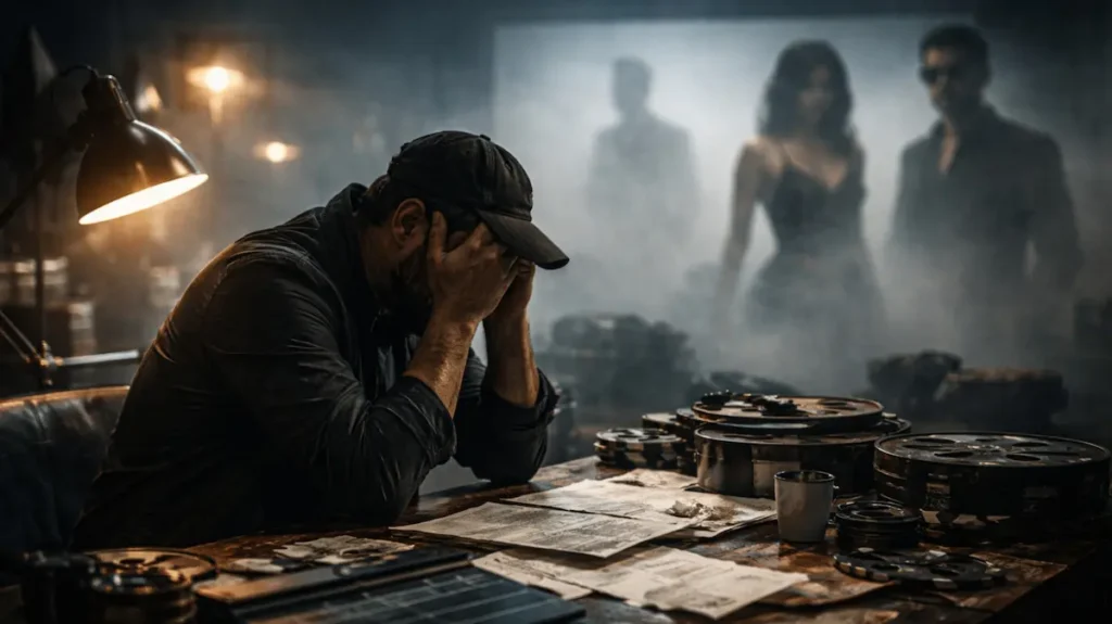 फिल्म मेकर मेज़ पर बिखरे काग़ज़ों के बीच फिक्र में बैठा