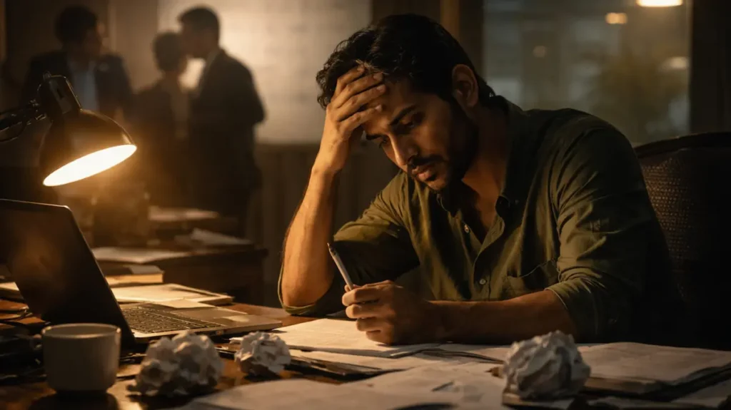 थका हुआ बॉलीवुड राइटर स्क्रिप्ट लिखते हुए