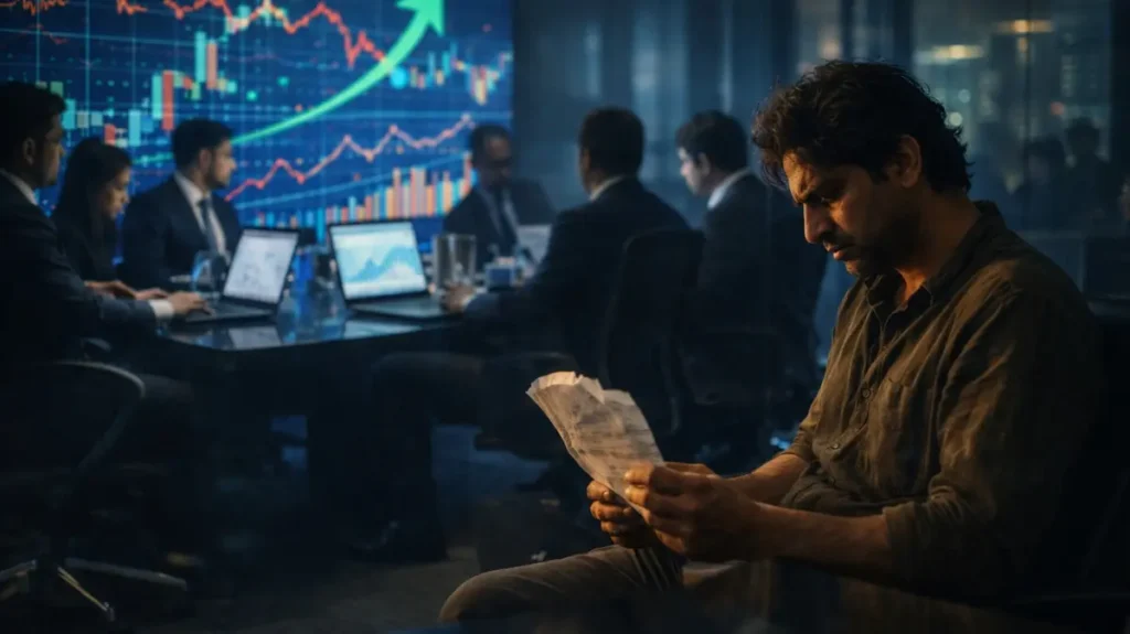 कॉरपोरेट मीटिंग में डेटा के बीच राइटर स्क्रिप्ट लिए मायूस बैठा है