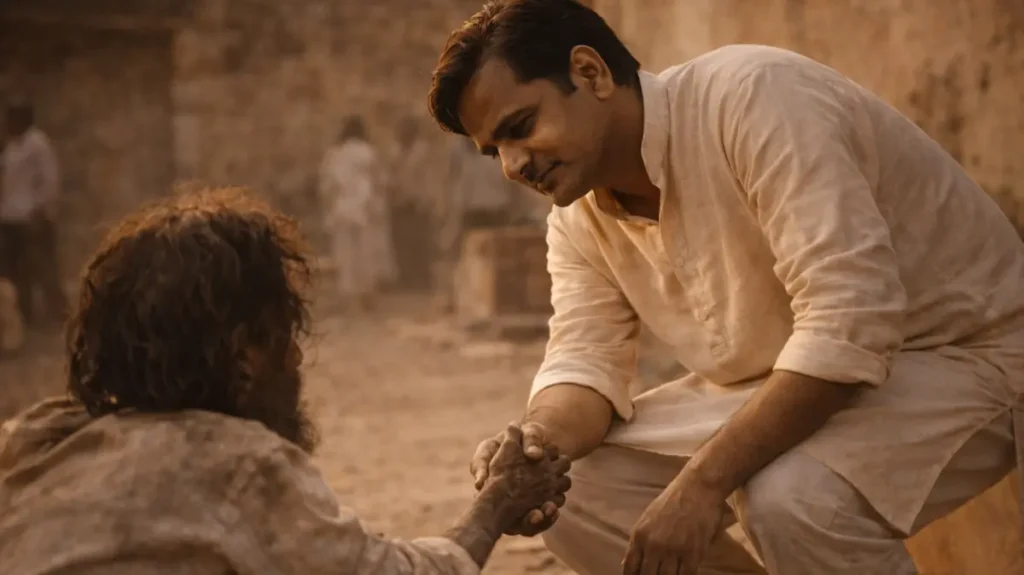 एक शख़्स ज़मीन पर बैठे इंसान की मदद करता हुआ, इंसानियत का सादा मगर गहरा लम्हा