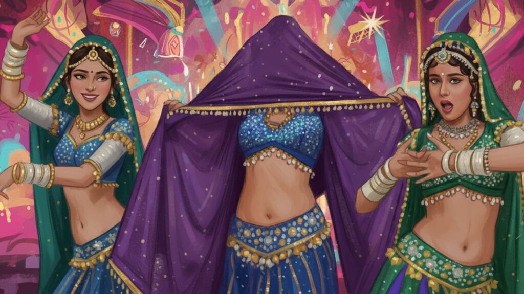 माधुरी दीक्षित 'चोली के पीछे' गाने पर डांस, बॉलीवुड स्टाइल इलस्ट्रेशन