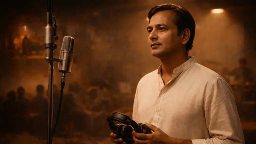 स्टूडियो में खड़ा एक फ़नकार, सफ़र की थकान और कामयाबी का सुकून साथ लिए