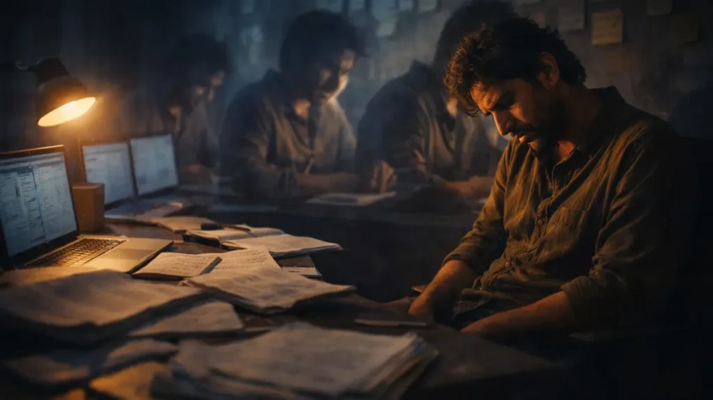 थका हुआ राइटर बिखरे कागज़ों के बीच मायूस बैठा है