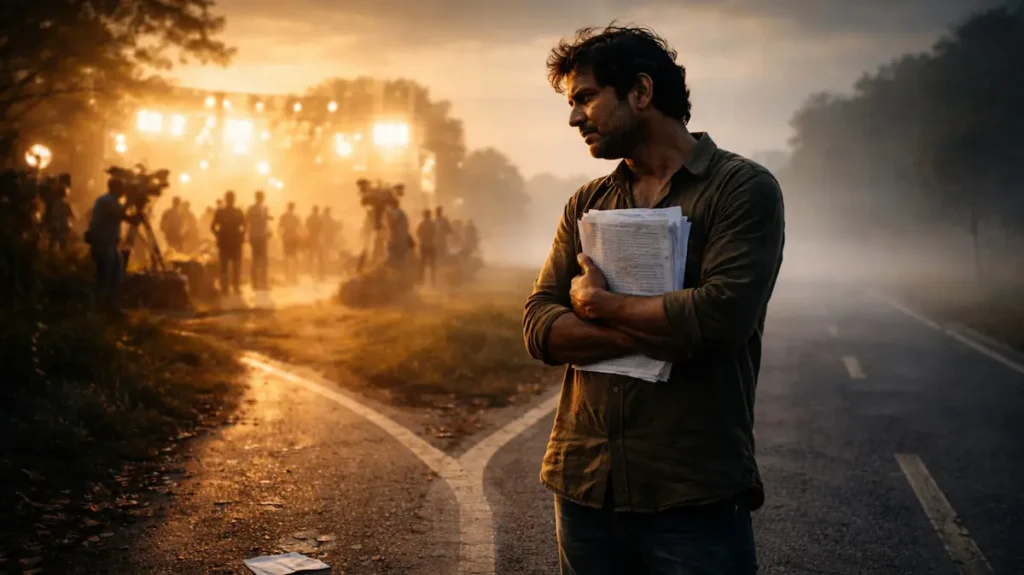 राइटर दो रास्तों के बीच स्क्रिप्ट लिए सोच में डूबा खड़ा है