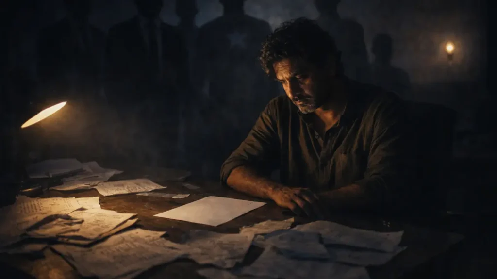 दबाव के सायों में घिरा राइटर खाली कागज़ को देखता हुआ