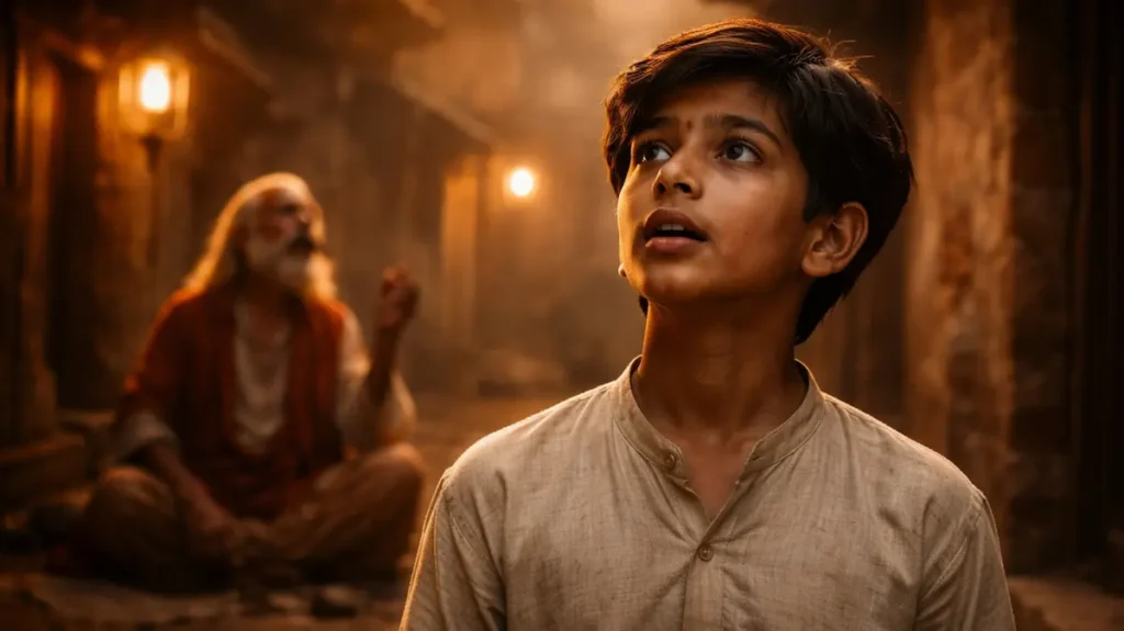 गली में खड़ा मासूम लड़का, फकीर की आवाज़ से सुरों की तरफ खिंचता हुआ