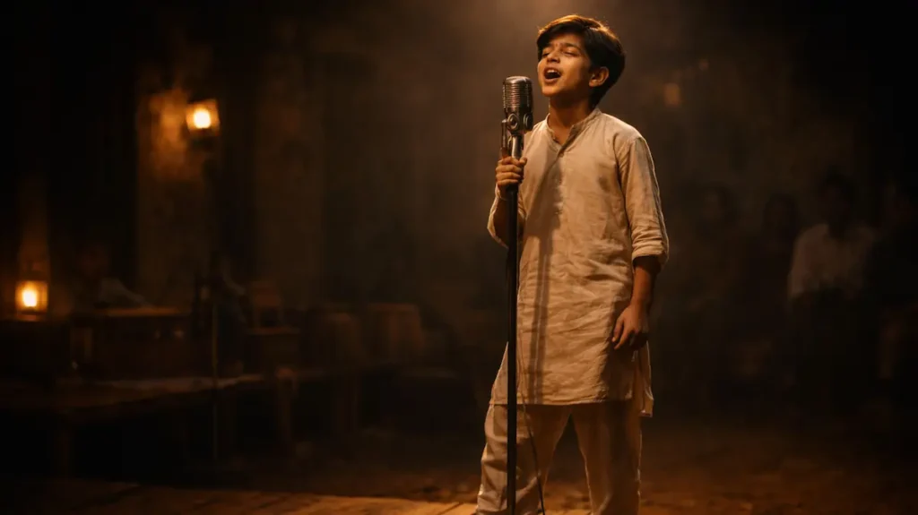 छोटे मंच पर गाता हुआ लड़का, डर और हौसले के बीच खुद को साबित करता हुआ