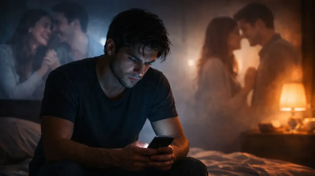 तन्हा नौजवान मोबाइल की रौशनी में ग़मगीन बैठा हुआ