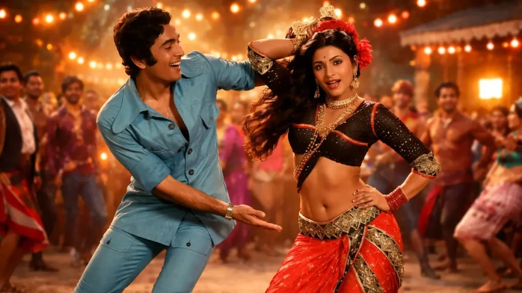 70 के दशक के अंदाज़ का रंगीन डांस सीन, एक जोड़ा नाचता हुआ