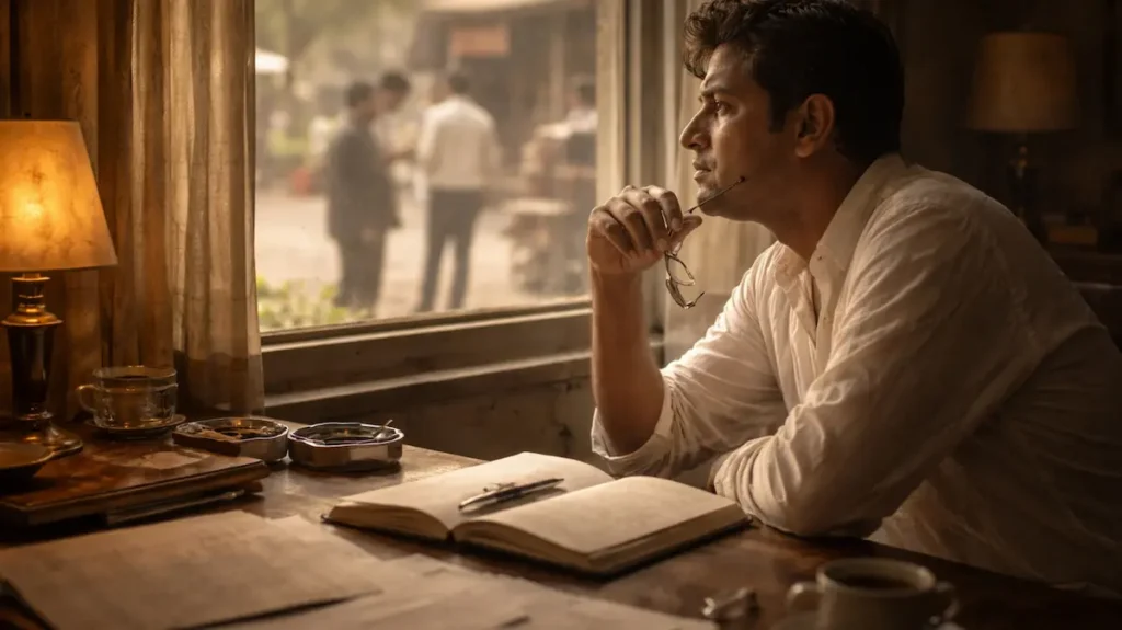 खिड़की के पास बैठा शख्स बाहर देखते हुए, मेज़ पर कागज़ और नोटबुक