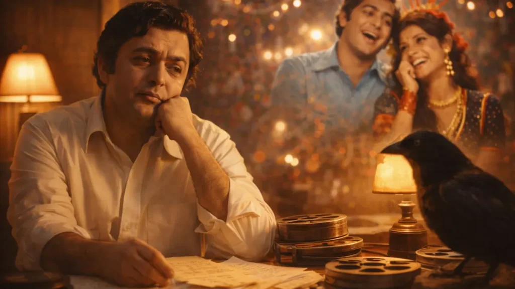 सोच में डूबा एक फिल्मकार और पीछे यादों में हंसता जोड़ा, पास बैठा काला कव्वा