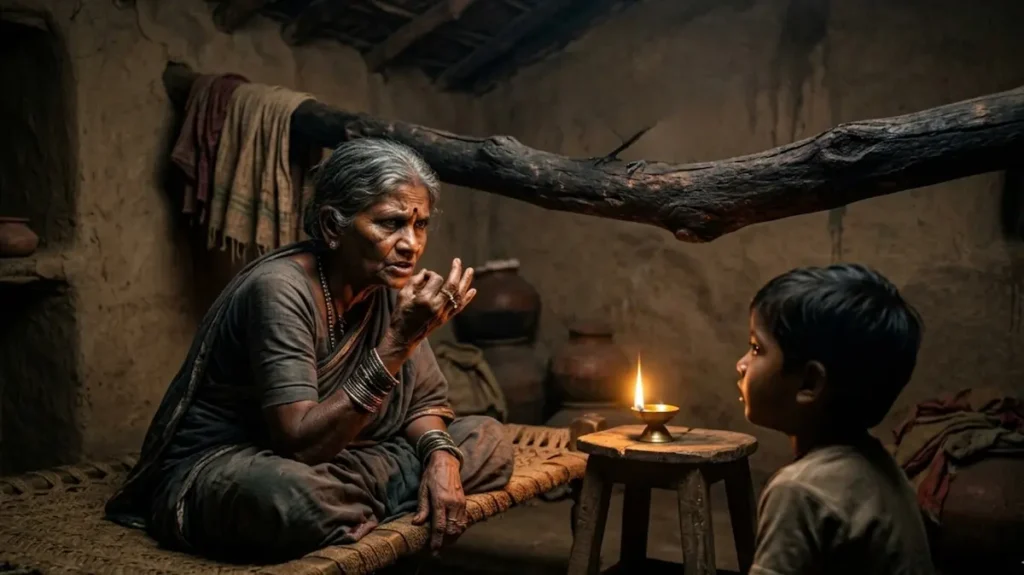 दादी बच्चे को कहानी सुनाती हुई, सामने जलता दीया और गंभीर माहौल