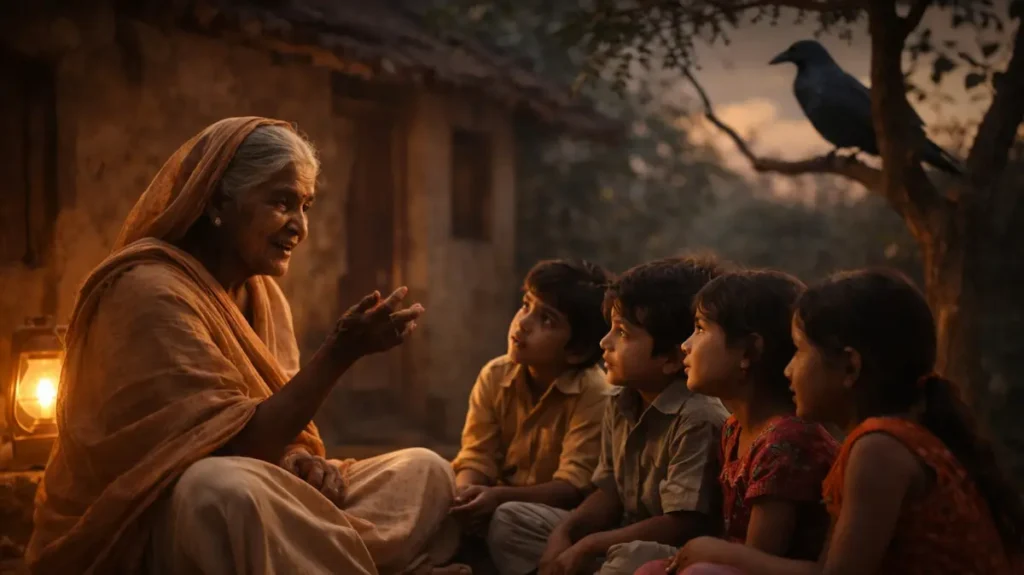 गाँव की शाम में दादी बच्चों को कहानी सुनाती हुई, पास काला कव्वा बैठा
