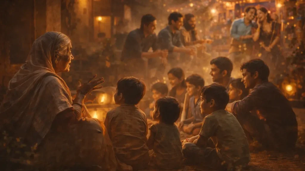 गाँव के आँगन में बच्चों को कहानी सुनाती बुज़ुर्ग औरत, चारों तरफ़ सुनने वाले लोग