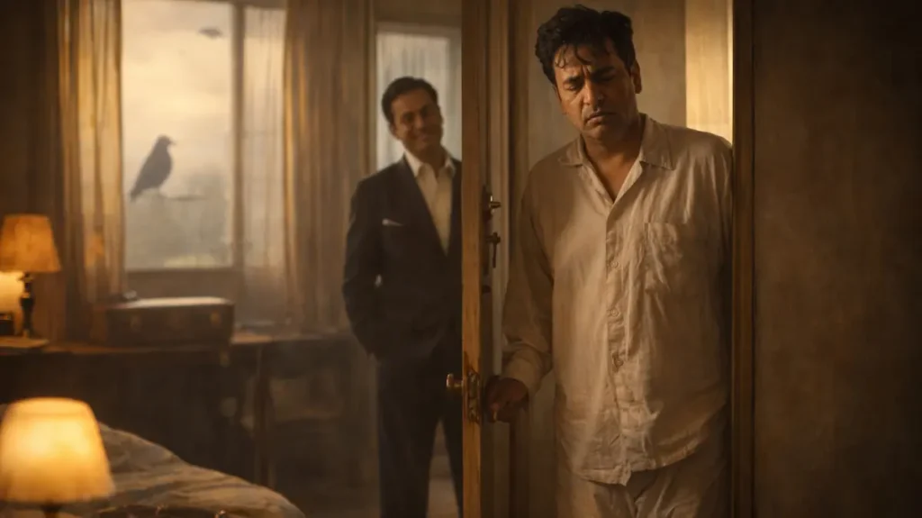 सुबह कमरे में एक उनींदा शख्स दरवाज़ा खोलता हुआ, सामने खड़ा दोस्त और खिड़की के पास बैठा काला कव्वा