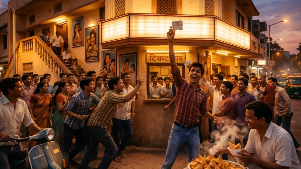 पुराने सिनेमा हॉल के बाहर टिकट मिलने की खुशी में झूमते दर्शक