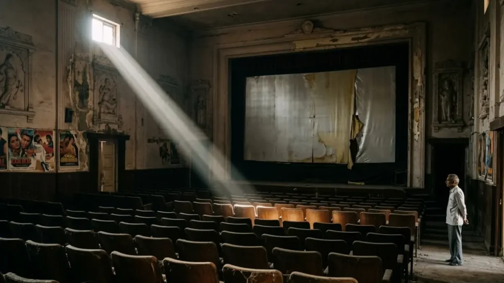 खामोश पड़े पुराने सिंगल स्क्रीन सिनेमा हॉल में यादों को निहारता एक बुज़ुर्ग