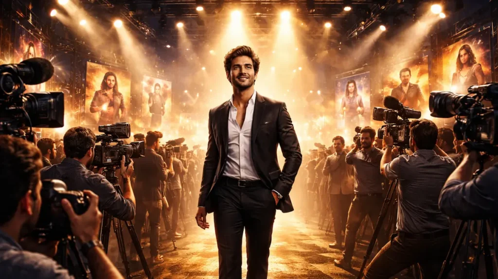 बॉलीवुड सेट पर स्पॉटलाइट में खड़ा एक सितारा, जिसकी तरफ कैमरे और लोग खिंचते नज़र आते हैं