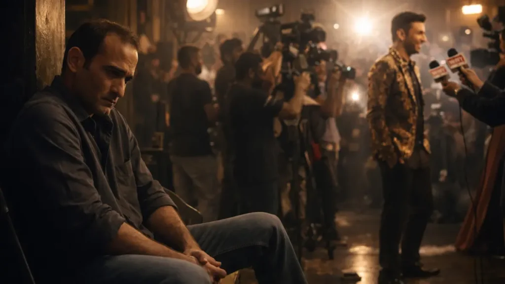 भीड़ में अनदेखा बैठा एक फनकार, पीछे चमकते शोहरत के चेहरे