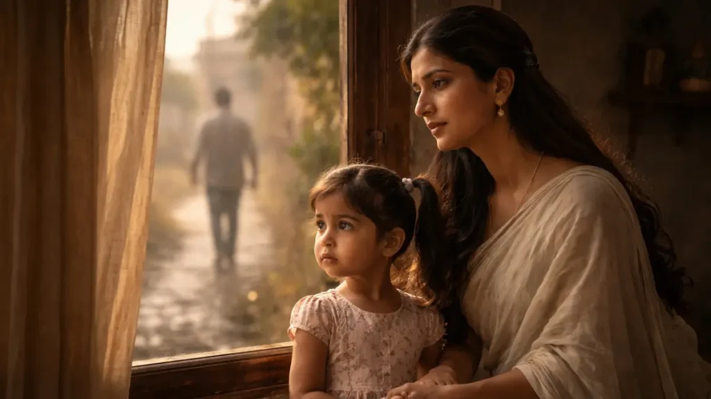खिड़की के पास खड़ी छोटी बच्ची और मां, दूर जाते एक शख्स की धुंधली परछाईं का भावुक मंज़र
