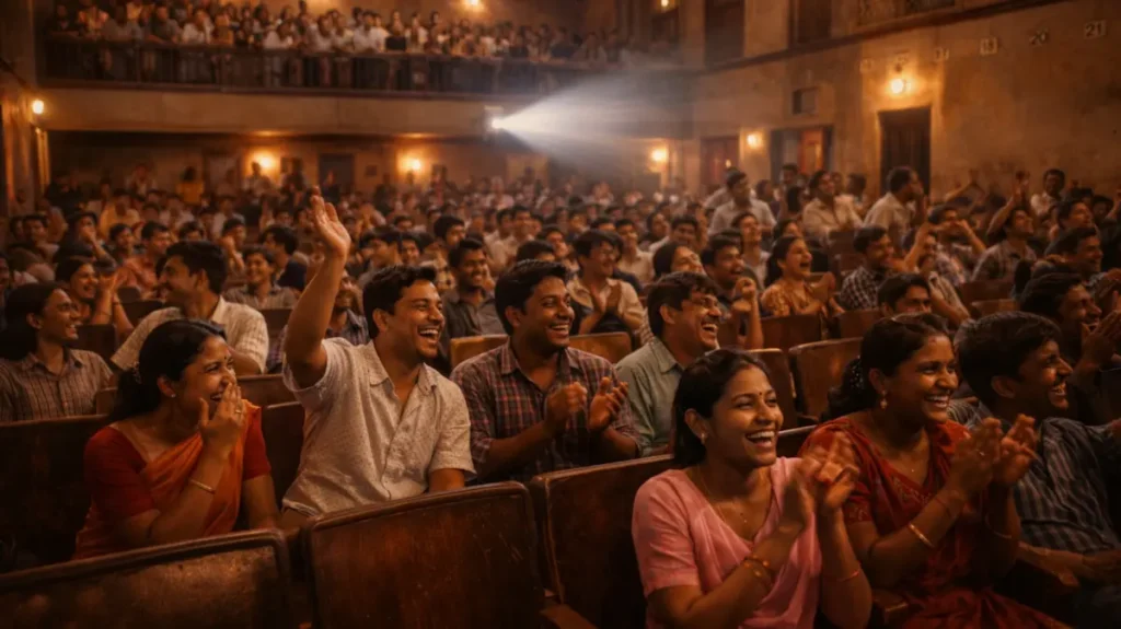 पुराने सिनेमा हॉल में फिल्म के मज़ेदार सीन पर हँसती दर्शकों की भीड़