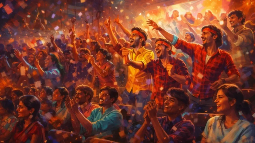 सिनेमा हॉल के अंदर फिल्म पर झूमते दर्शक और तालियों का माहौल