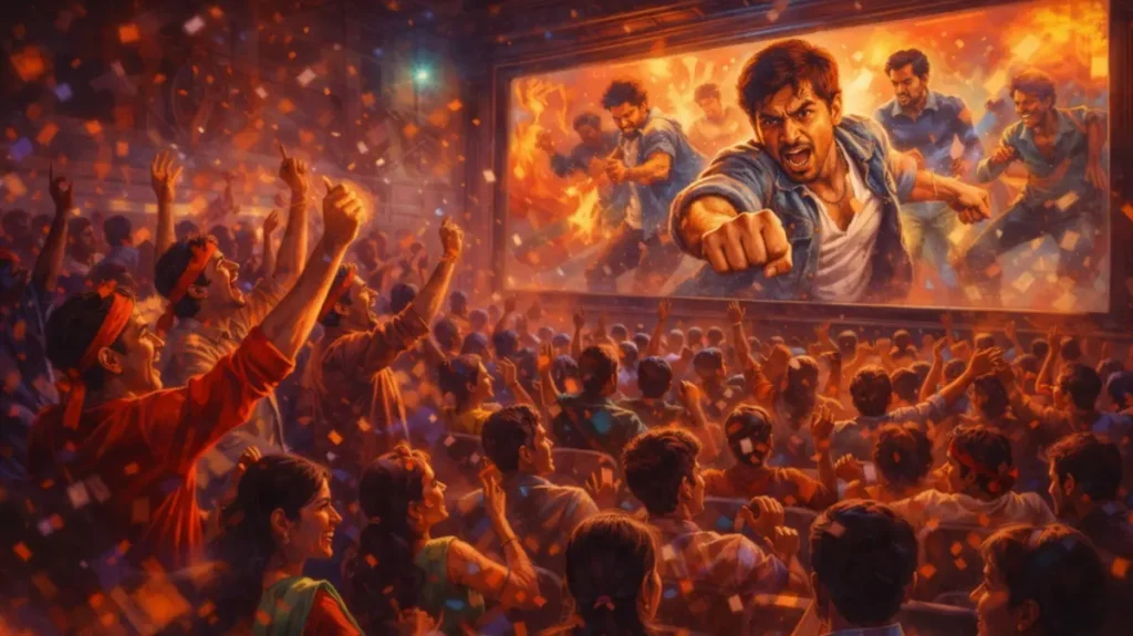 सिनेमा हॉल के अंदर फिल्म के सीन पर झूमते दर्शक और जोशीला माहौल