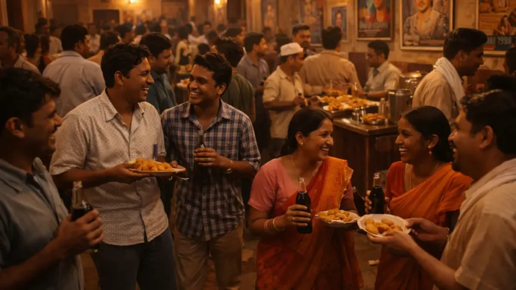 इंटरवल में समोसे और ठंडी बोतल के साथ गपशप करते दर्शक