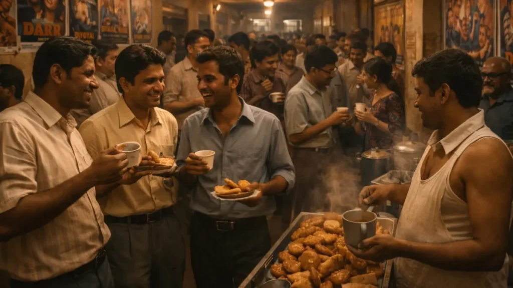 पुराने सिनेमा हॉल के इंटरवल में समोसे और चाय लेते दर्शकों का रौनक भरा मंज़र