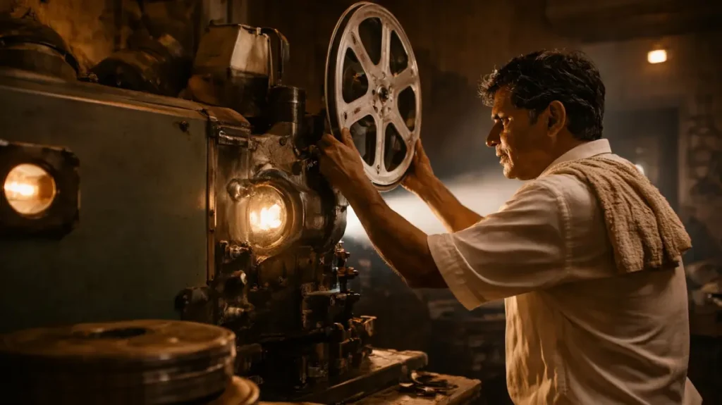 पुराने सिनेमा हॉल के प्रोजेक्शन रूम में फिल्म रील संभालते ऑपरेटर का पुरनूर मंज़र