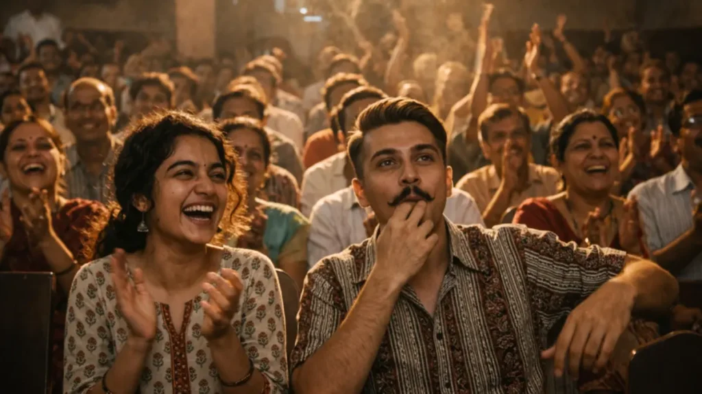 फिल्मी गाने पर तालियाँ बजाते और सीटियाँ मारते सिनेमा हॉल के दर्शक