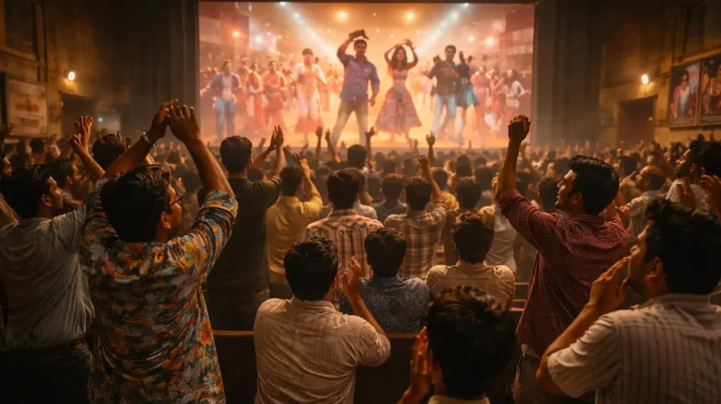पुराने सिनेमा हॉल में गाने के दौरान तालियाँ बजाते और सीटियाँ मारते दर्शकों का जोशीला मंज़र