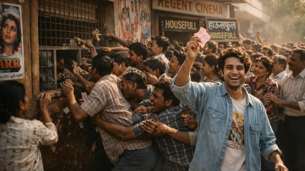 पुराने सिनेमा हॉल की टिकट खिड़की पर टिकट लेने के लिए उमड़ी भीड़ का जोशीला मंज़र