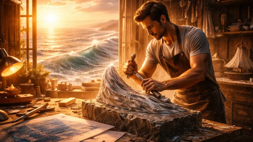 एक कारीगर पत्थर पर लहर की आकृति तराशता हुआ, मेहनत से समंदर बनने का रूपक