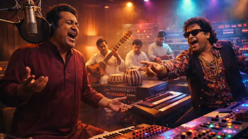 रिकॉर्डिंग स्टूडियो में क्लासिकल और डिस्को मौसिकी के संगम का जोशीला सिनेमाई मंज़र