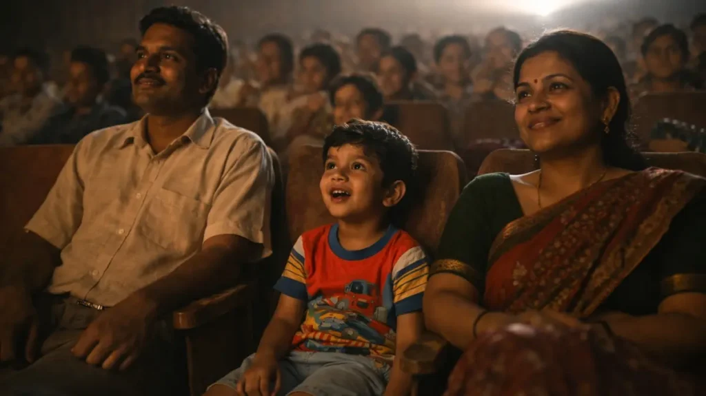 पुराने सिनेमा हॉल में परिवार के साथ फिल्म देखते हुए हैरान और खुश बच्चे का मासूम मंज़र