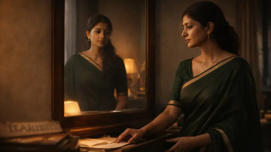 आईने के सामने खड़ी एक महिला अपनी पहचान को लेकर खामोश फैसला करती हुई