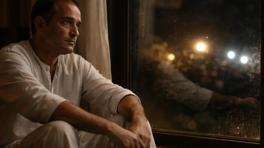 खिड़की के पास बैठा एक शख़्स, आँखों में ख़ामोश तन्हाई और सोच