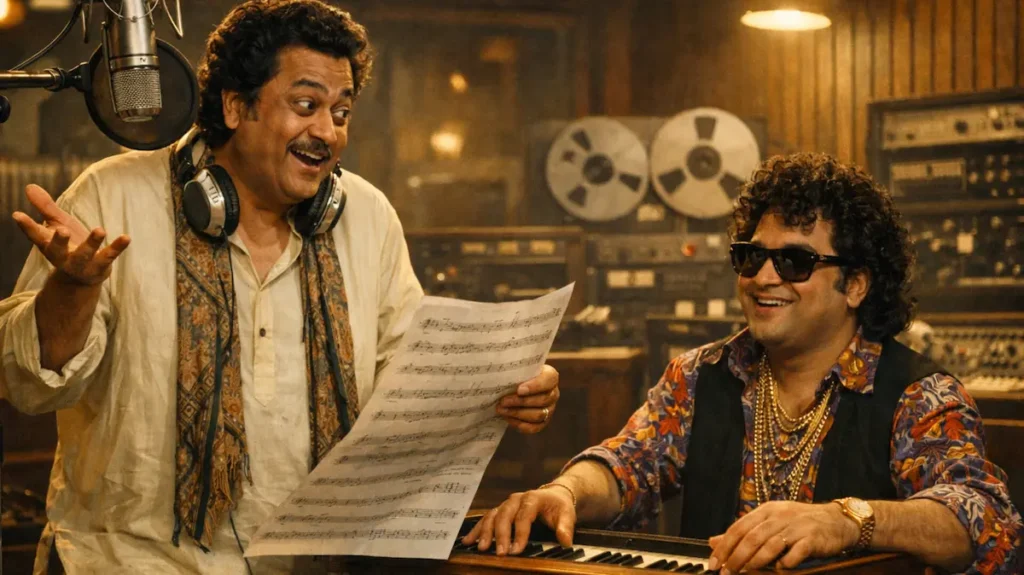 रिकॉर्डिंग स्टूडियो में दो फनकारों के दरमियान गाने की धुन पर हैरानी भरी दिलचस्प गुफ़्तगू का मंज़र