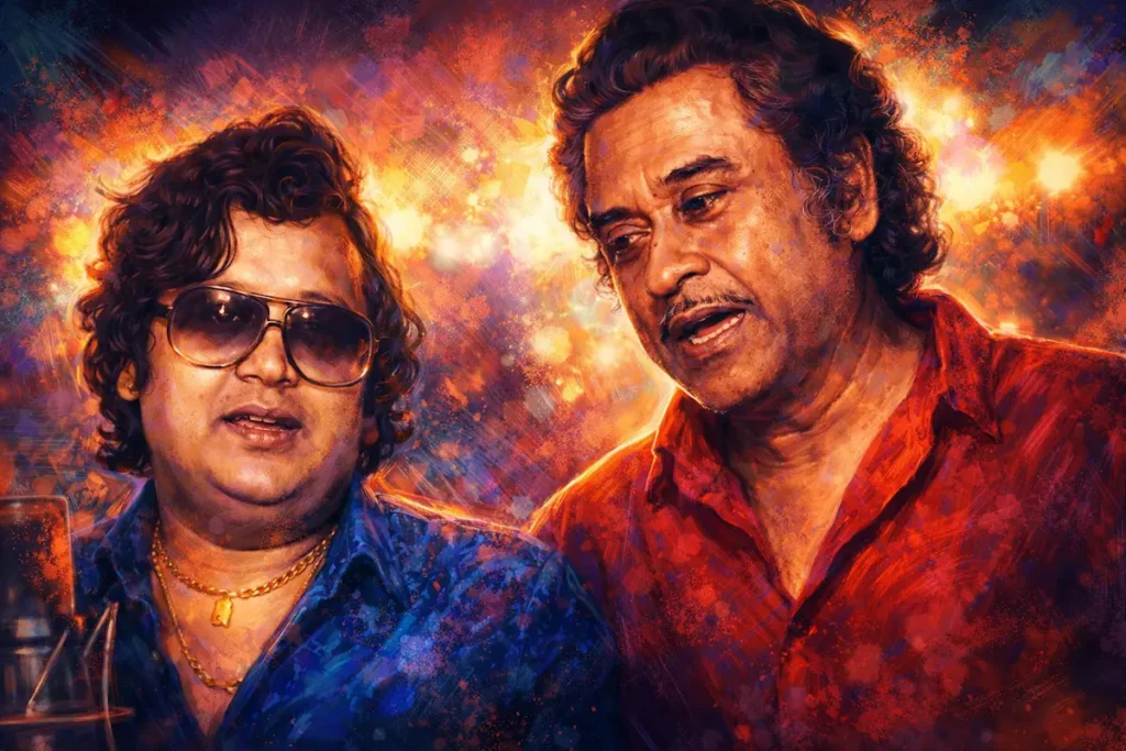 किशोर कुमार और बप्पी लहरी का सिनेमाटिक डिजिटल इलस्ट्रेशन।