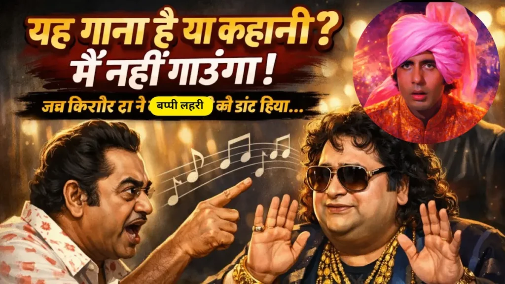 किशोर कुमार, बप्पी लहरी और अमिताभ बच्चन का फिल्मी इलस्ट्रेशन।