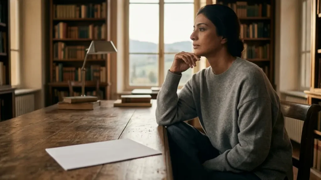 ज़िंदगी के फैसले पर खामोशी से सोचती एक महिला का भावुक लम्हा