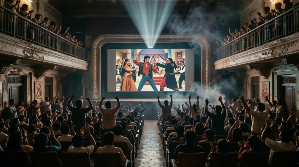 पुराने सिनेमा हॉल में फिल्म के सीन पर तालियाँ बजाते और जोश में झूमते दर्शकों का मंज़र