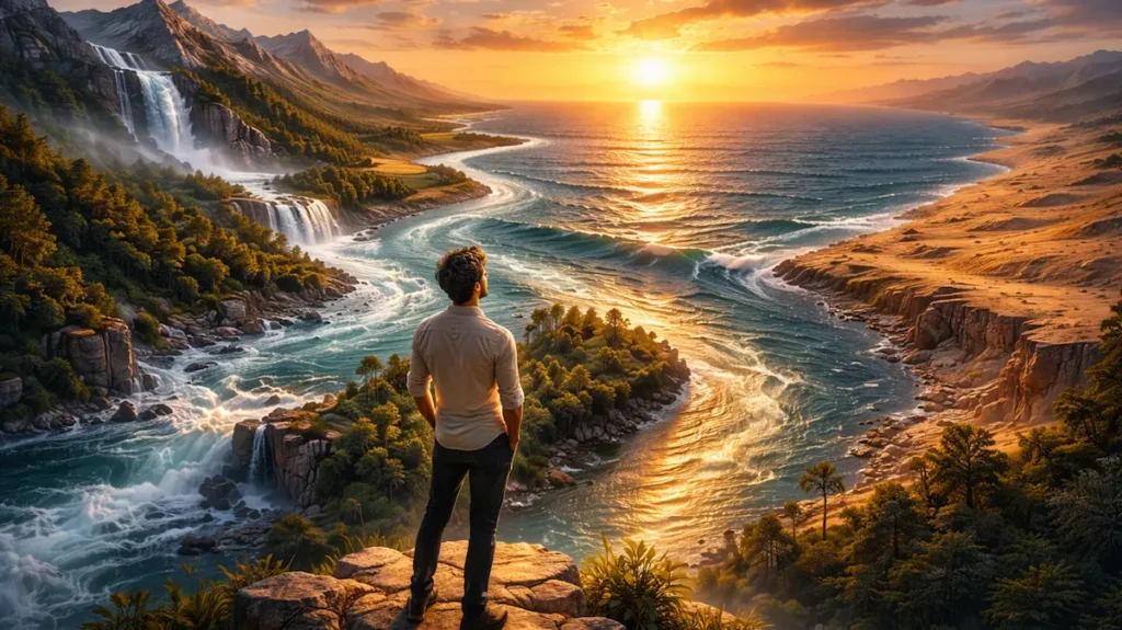 समंदर की तरफ बहती नदी और उसे देखता एक शख़्स, कामयाबी के सफ़र का रूपक